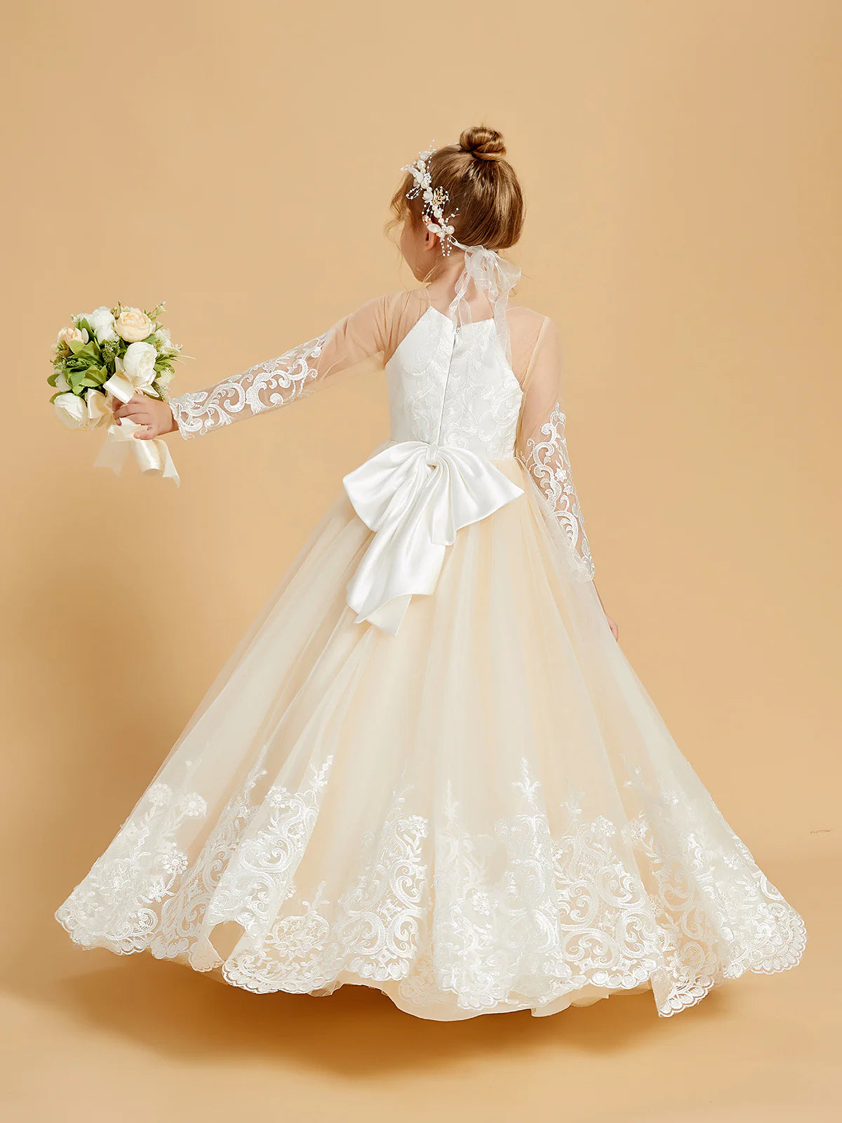 Halter Neck Long Sheer Lace Sleeve Big Satin Back Bow Champagne Tulle Floor Lace Hem Flower Girl Dresses