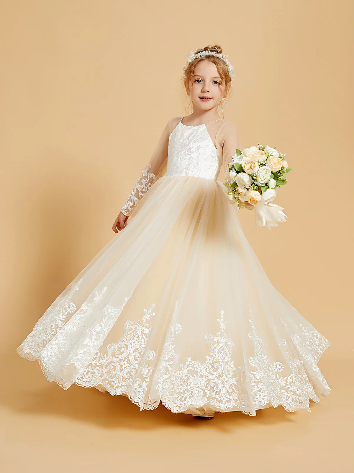 Halter Neck Long Sheer Lace Sleeve Big Satin Back Bow Champagne Tulle Floor Lace Hem Flower Girl Dresses