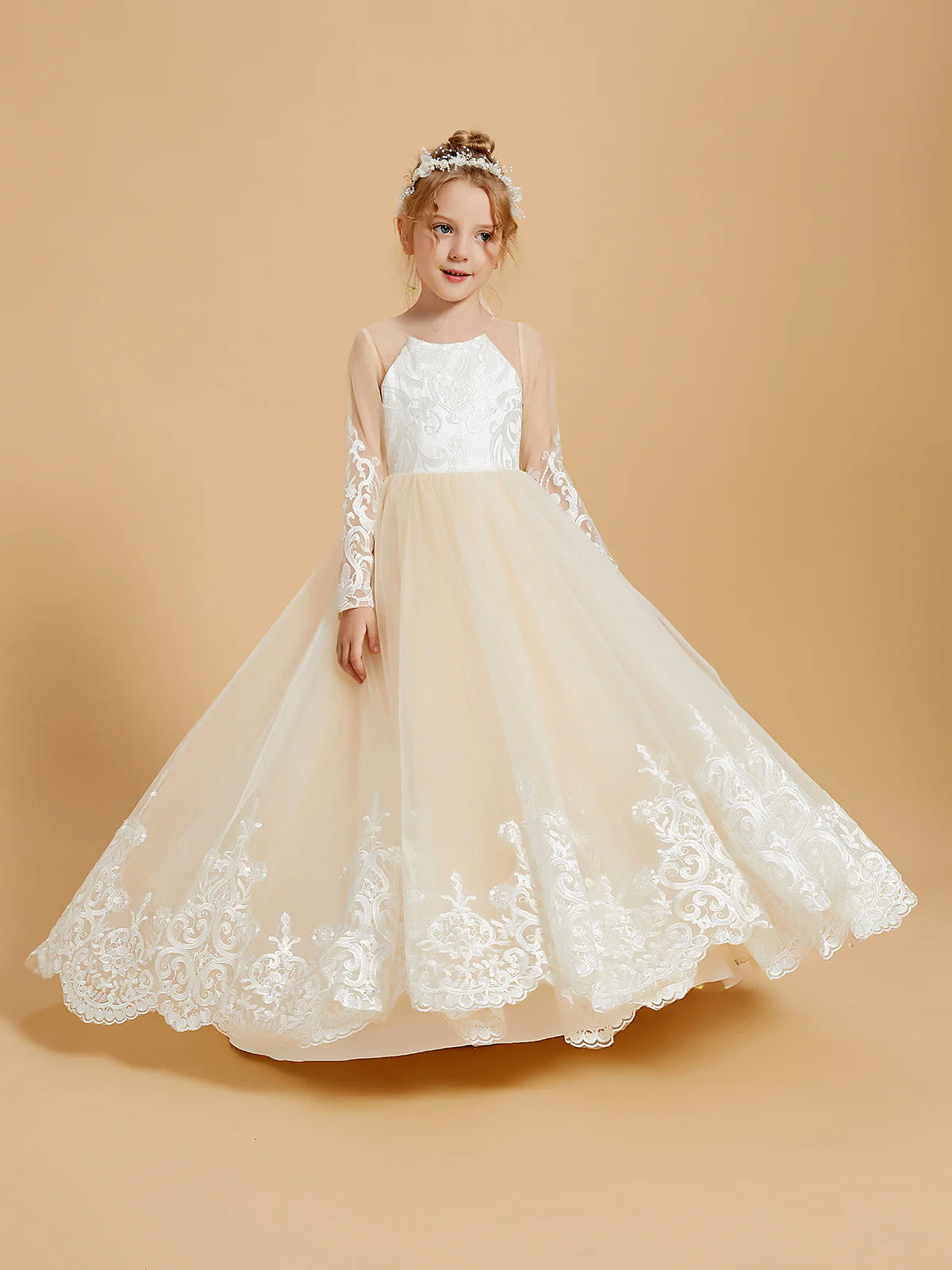 Halter Neck Long Sheer Lace Sleeve Big Satin Back Bow Champagne Tulle Floor Lace Hem Flower Girl Dresses