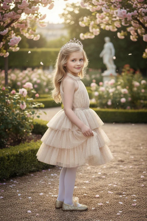 Halter Neck Open Back Big Bow Champagne Glitter Tiered Tulle Midi Flower Girl Dresses