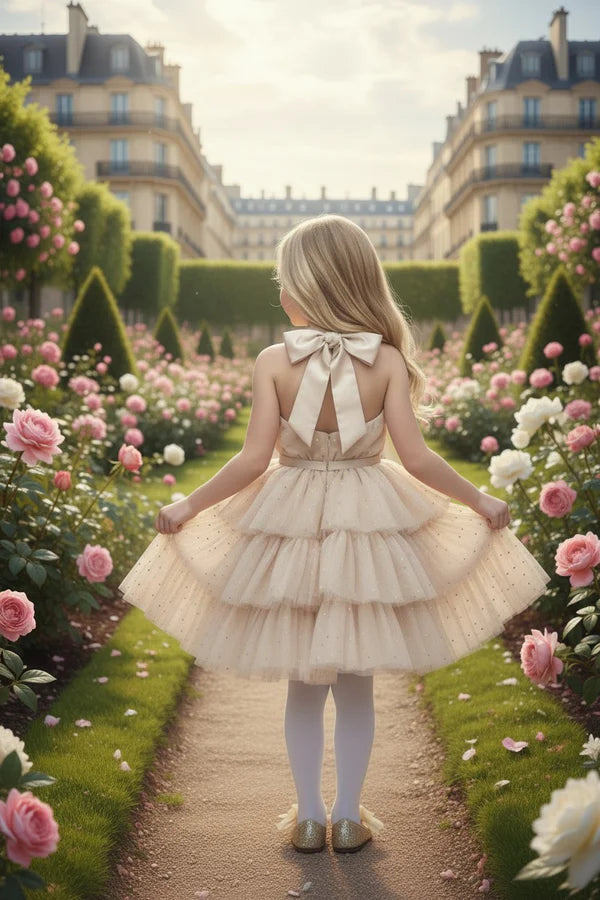 Halter Neck Open Back Big Bow Champagne Glitter Tiered Tulle Midi Flower Girl Dresses