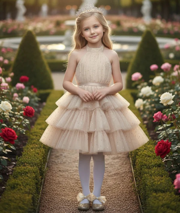 Halter Neck Open Back Big Bow Champagne Glitter Tiered Tulle Midi Flower Girl Dresses