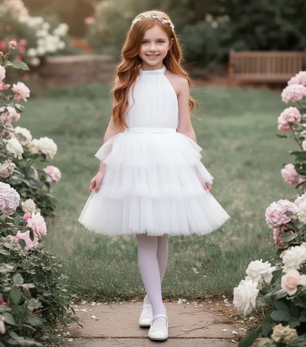 Halter Neck Open Back Big Bow White Tiered Tulle Midi Flower Girl Dresses