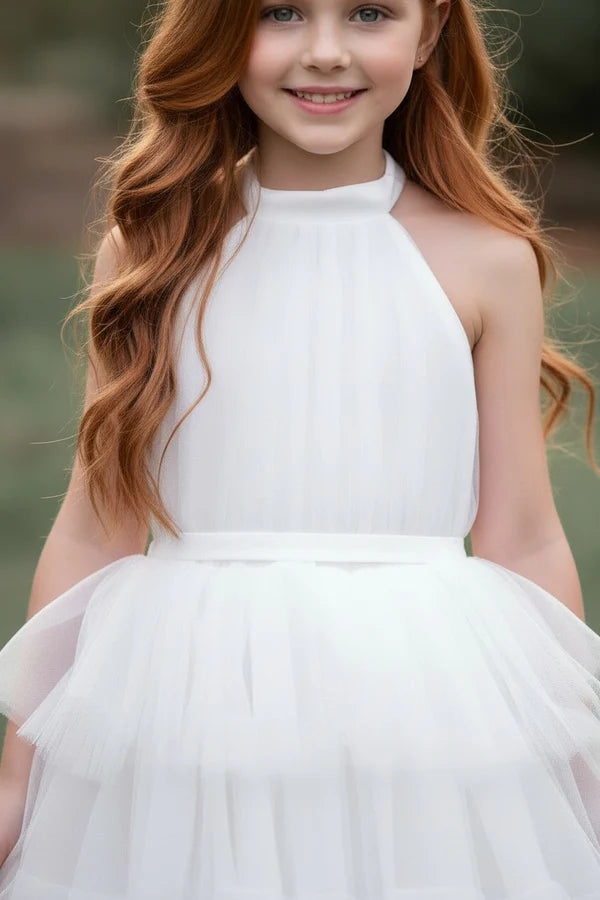 Halter Neck Open Back Big Bow White Tiered Tulle Midi Flower Girl Dresses