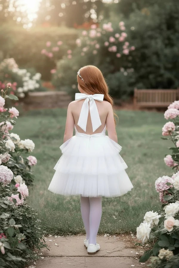 Halter Neck Open Back Big Bow White Tiered Tulle Midi Flower Girl Dresses