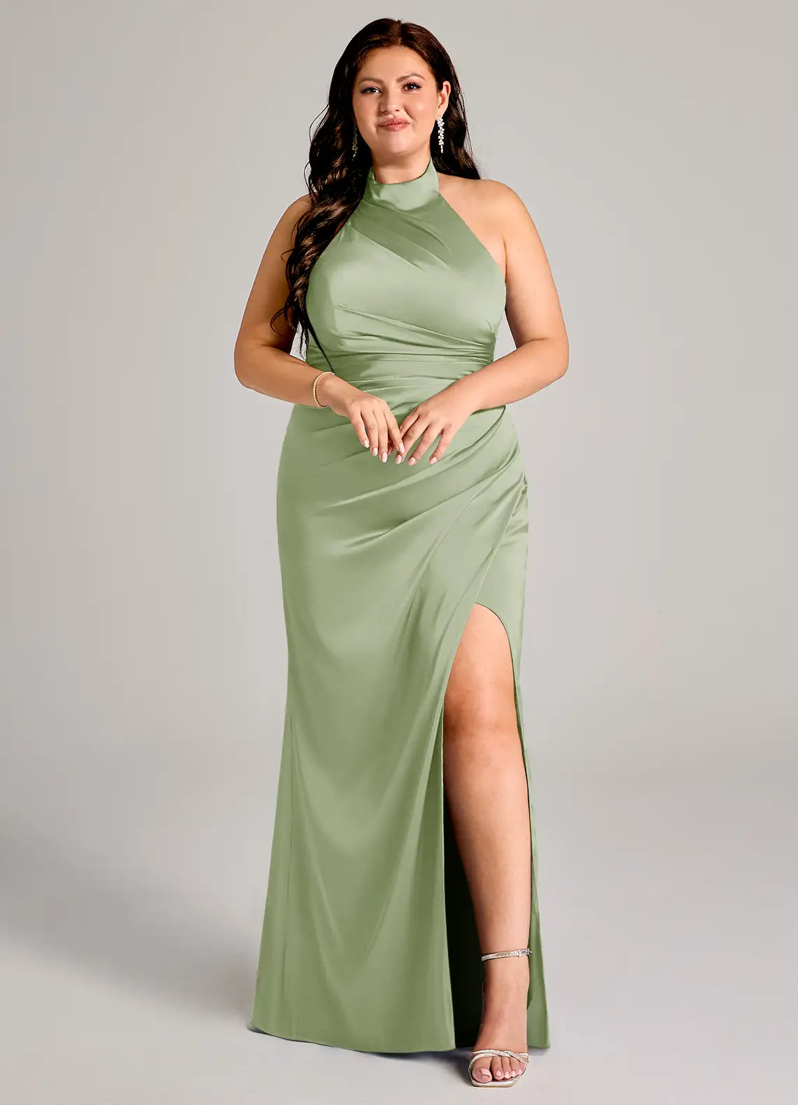 Halter Neck Ruched Slit Floor-Length Plus Size Bridesmaid Dress