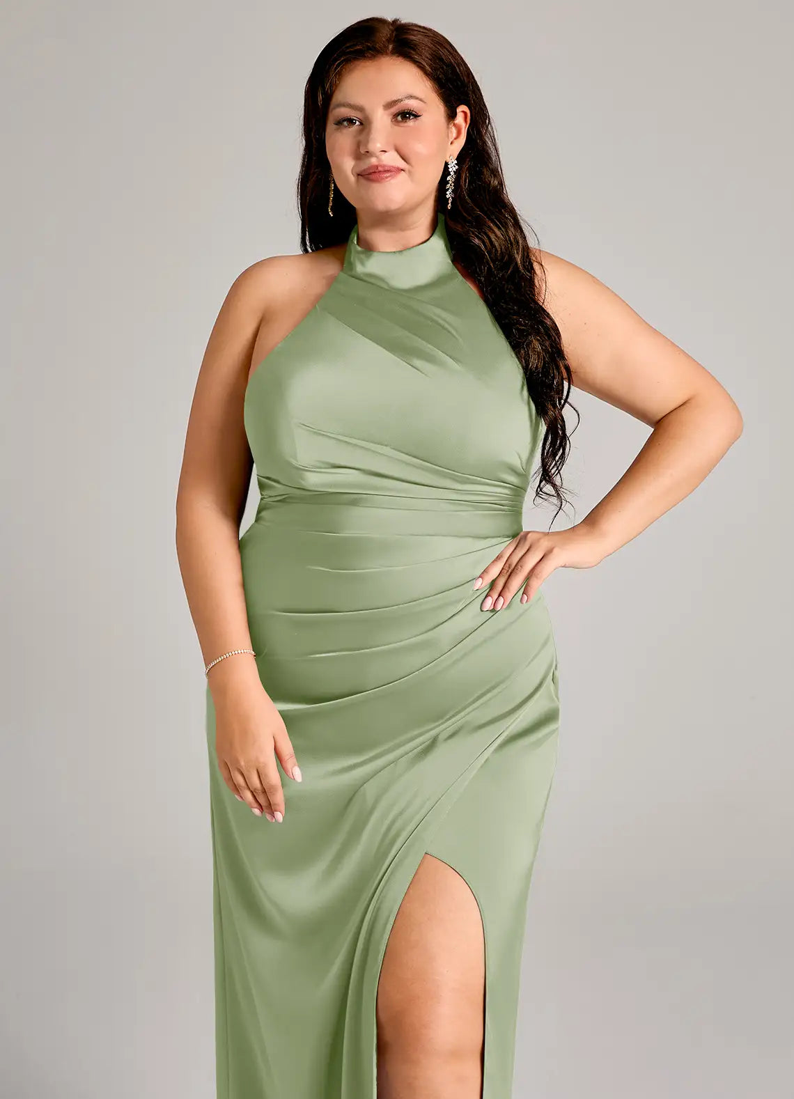 Halter Neck Ruched Slit Floor-Length Plus Size Bridesmaid Dress