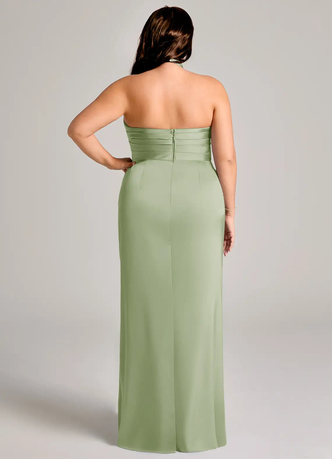Halter Neck Ruched Slit Floor-Length Plus Size Bridesmaid Dress