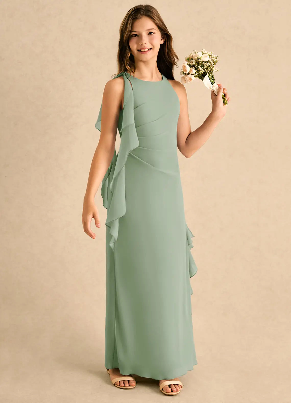 Halter Neck Sage Green Chiffon Full-Length Junior Bridesmaid Dresses with Shoulder Floral Accent & Cascading Ruffles