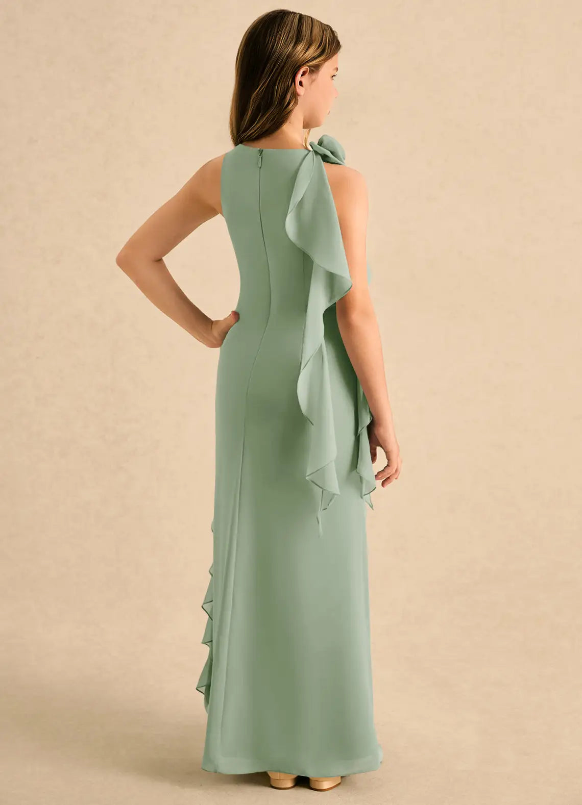 Halter Neck Sage Green Chiffon Full-Length Junior Bridesmaid Dresses with Shoulder Floral Accent & Cascading Ruffles