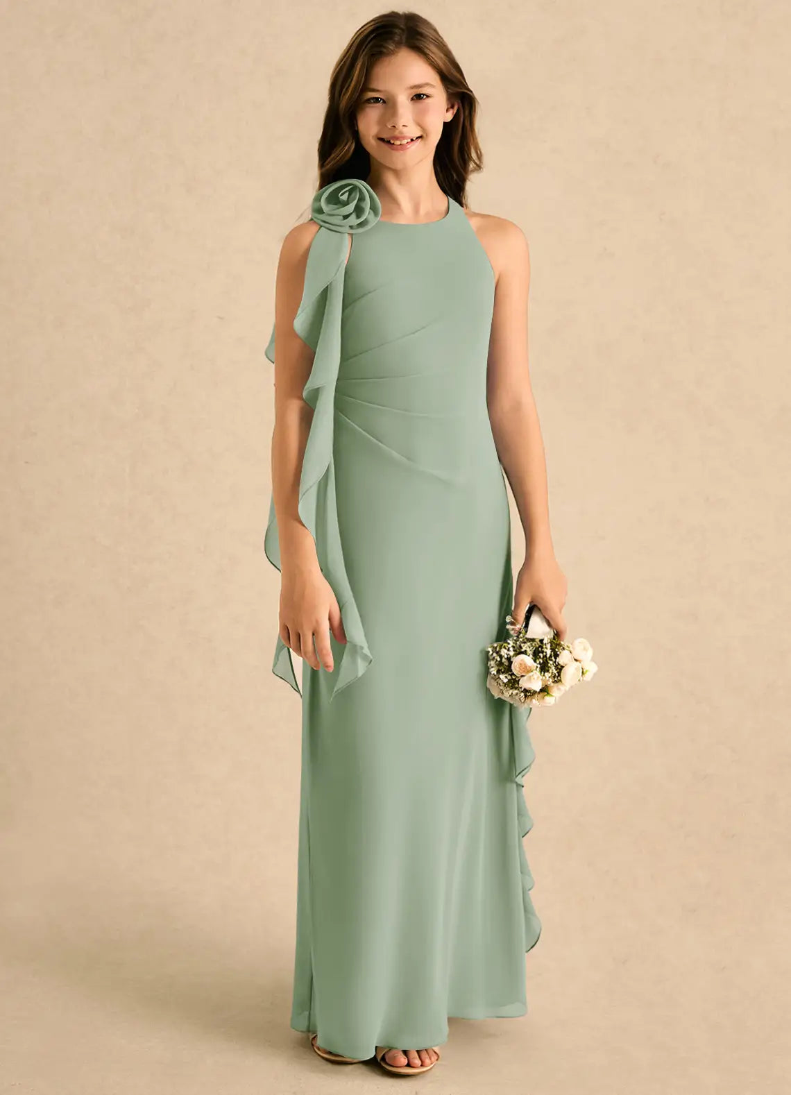 Halter Neck Sage Green Chiffon Full-Length Junior Bridesmaid Dresses with Shoulder Floral Accent & Cascading Ruffles
