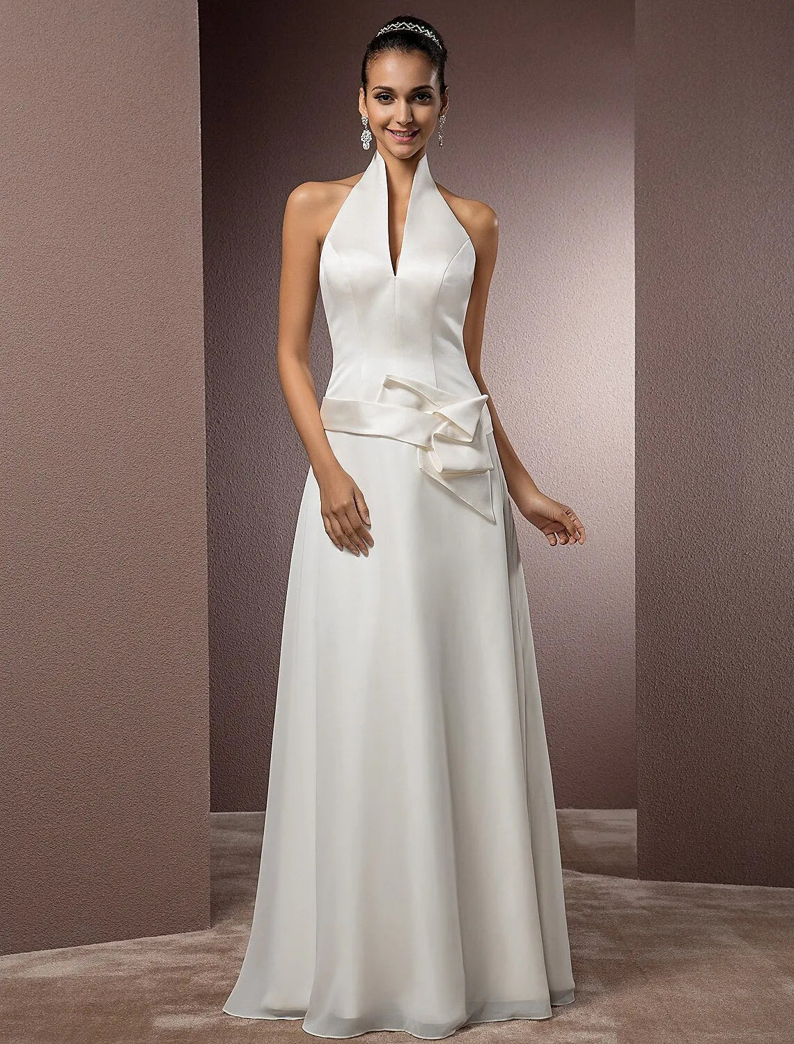 Halter‑Neck Satin‑Waist‑Bow Chiffon A‑Line Wedding Dress With Open‑Back Detail