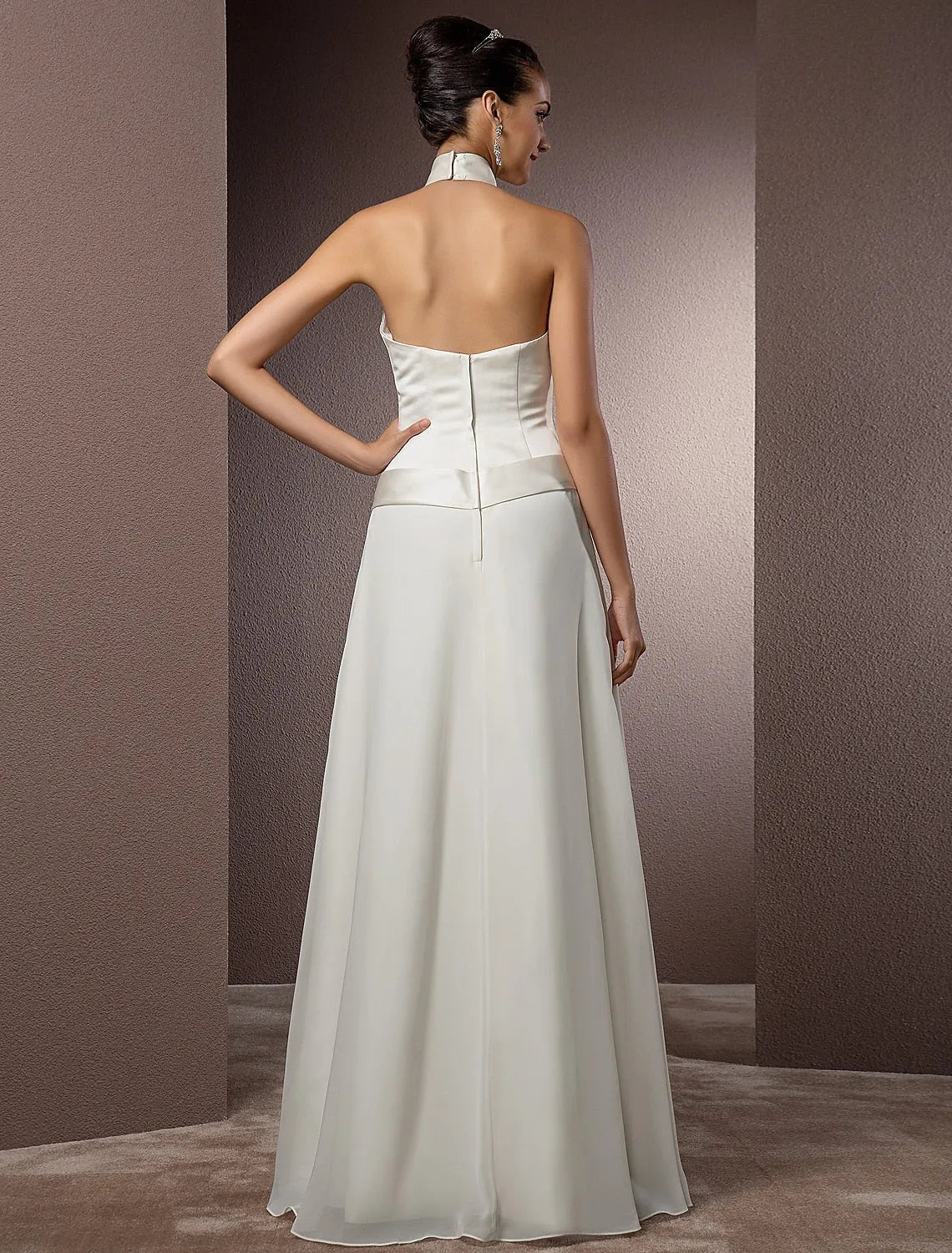 Halter‑Neck Satin‑Waist‑Bow Chiffon A‑Line Wedding Dress With Open‑Back Detail
