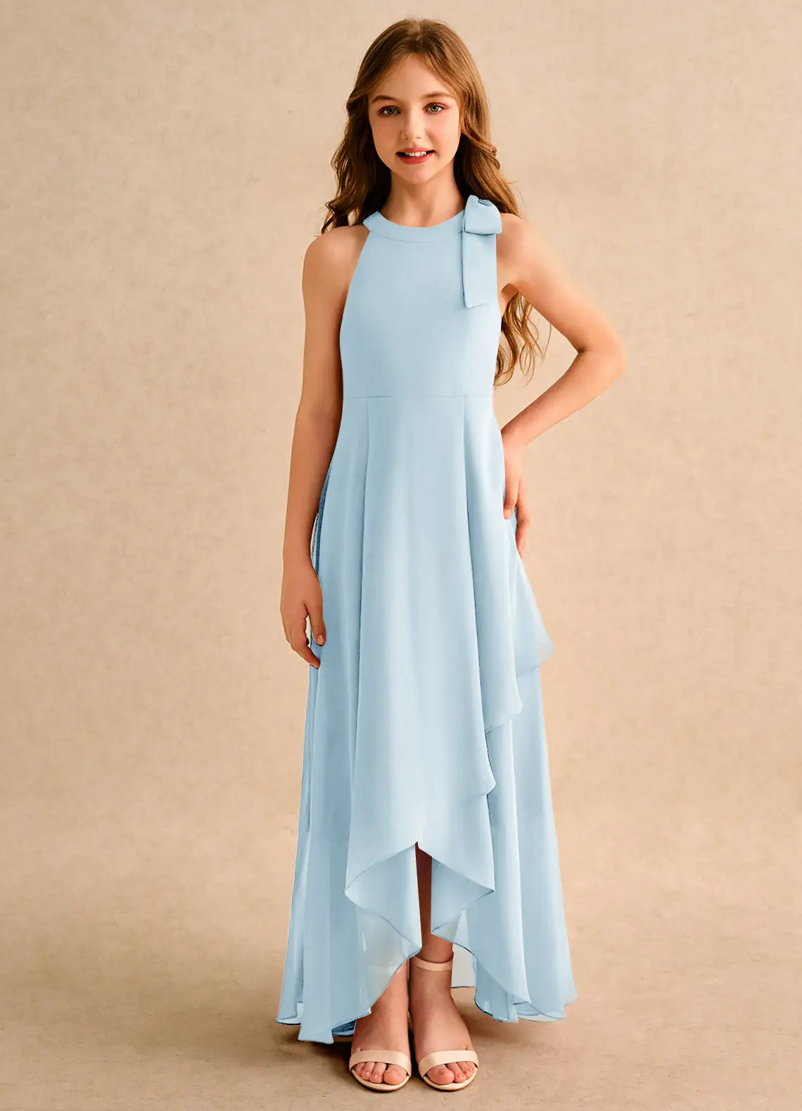 Halter Neck Side Bow Hi-Lo Light Blue Chiffon Full-Length Junior Bridesmaid Dresses
