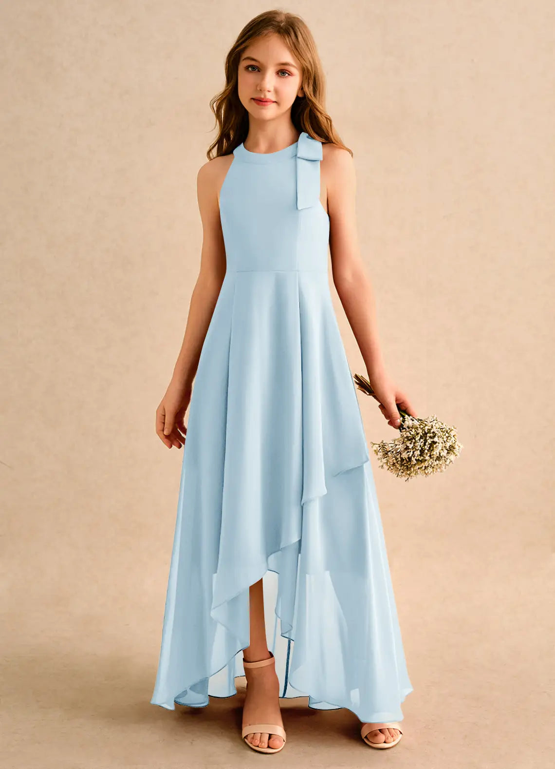 Halter Neck Side Bow Hi-Lo Light Blue Chiffon Full-Length Junior Bridesmaid Dresses
