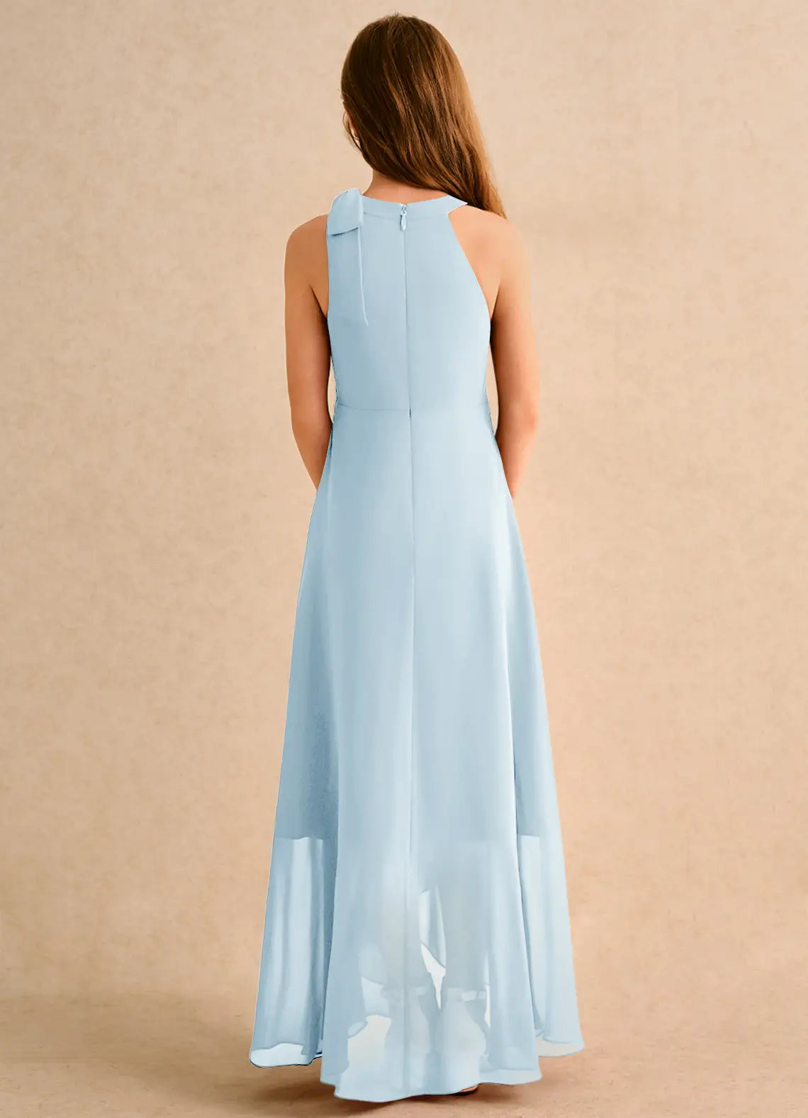 Halter Neck Side Bow Hi-Lo Light Blue Chiffon Full-Length Junior Bridesmaid Dresses
