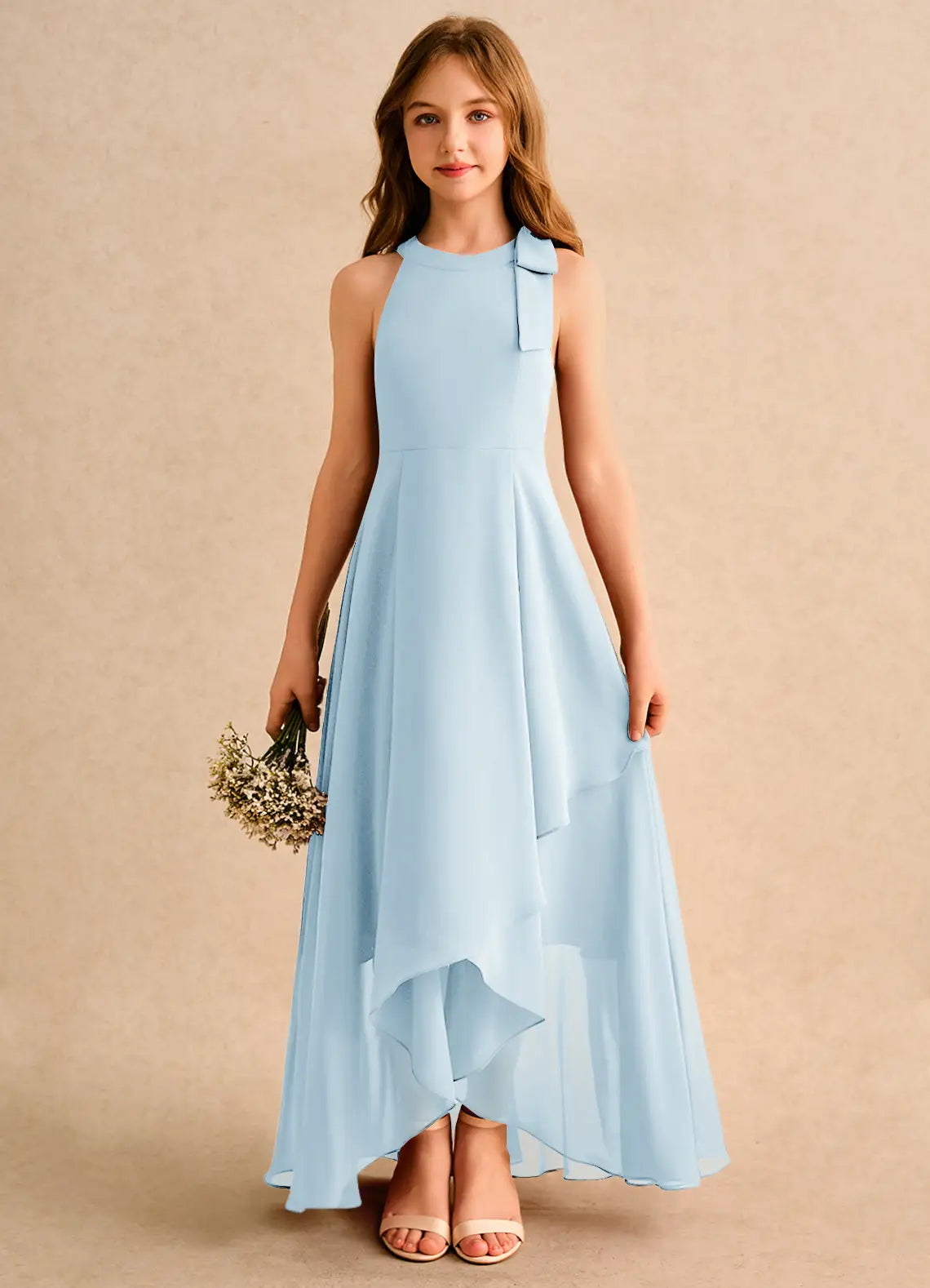 Halter Neck Side Bow Hi-Lo Light Blue Chiffon Full-Length Junior Bridesmaid Dresses