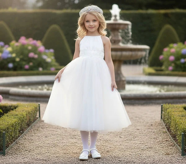Halter Neck Sleeveless White Tulle Midi First Communion Dresses