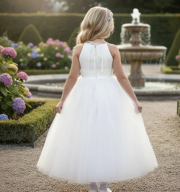 Halter Neck Sleeveless White Tulle Midi First Communion Dresses