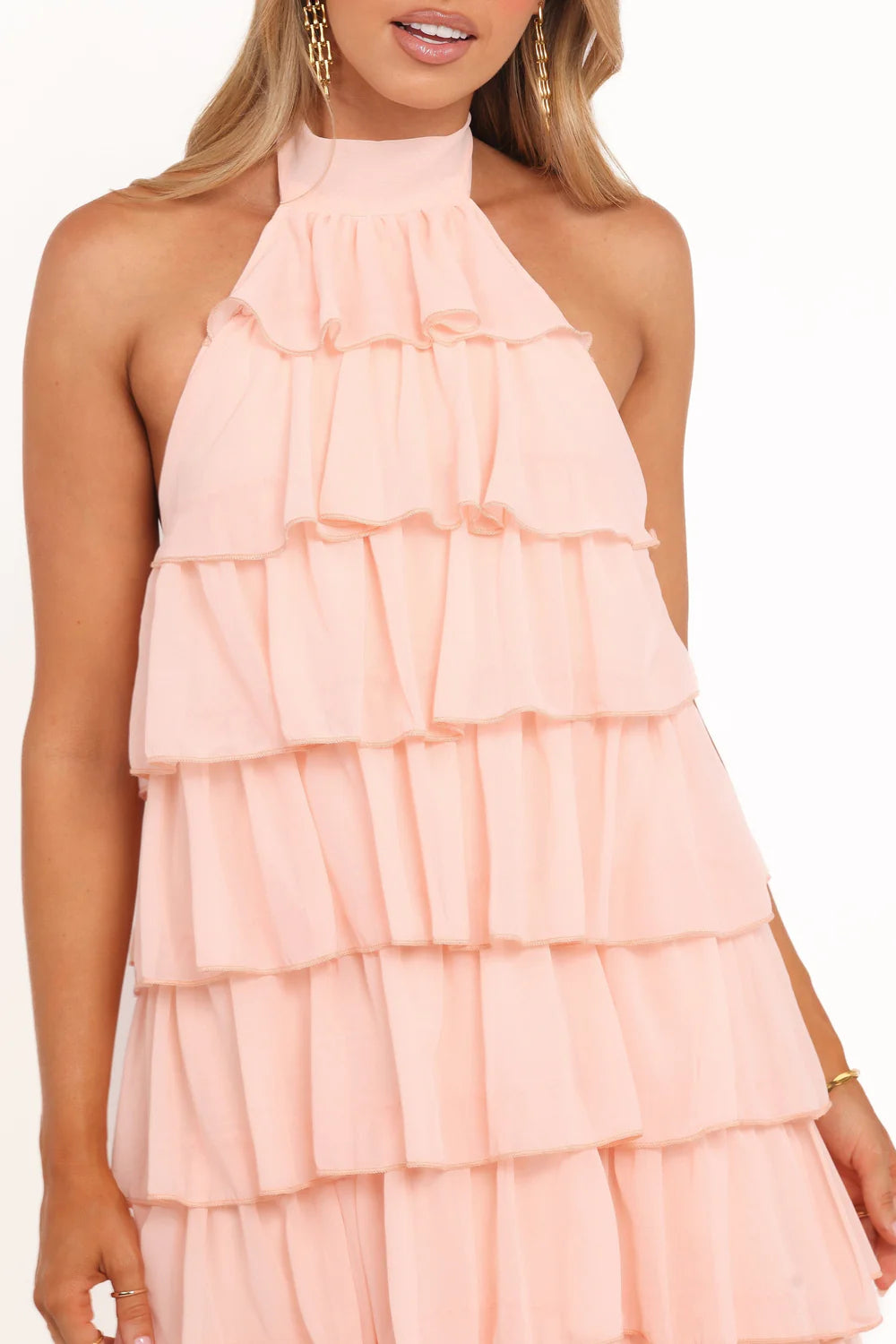 Halter Neck Tiered Ruffle Floor-Length Wedding Guest Dress