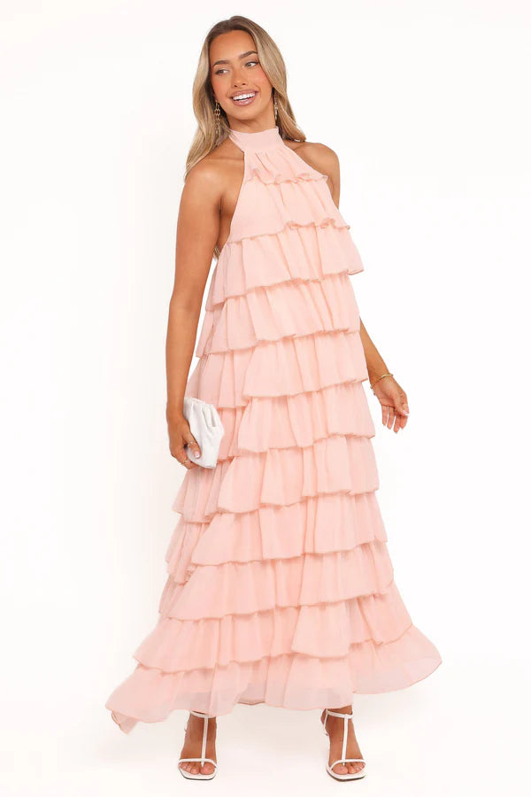 Halter Neck Tiered Ruffle Floor-Length Wedding Guest Dress