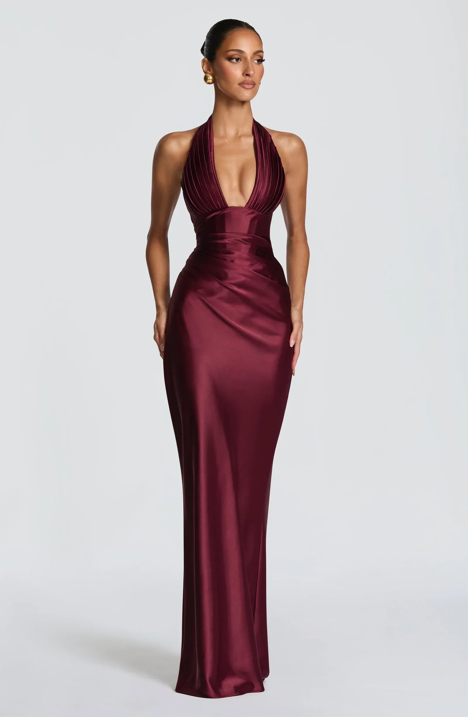 Halter Pleated Deep V Ruched Waist Burgundy Satin Mermaid Maxi Wedding Guest Dresses
