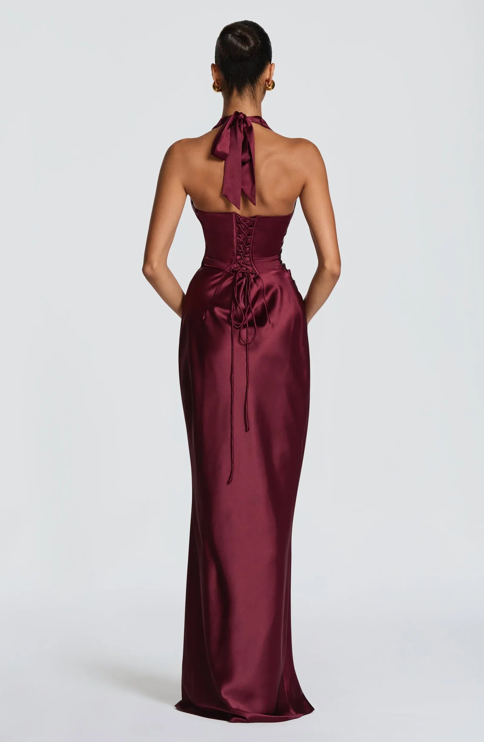 Halter Pleated Deep V Ruched Waist Burgundy Satin Mermaid Maxi Wedding Guest Dresses