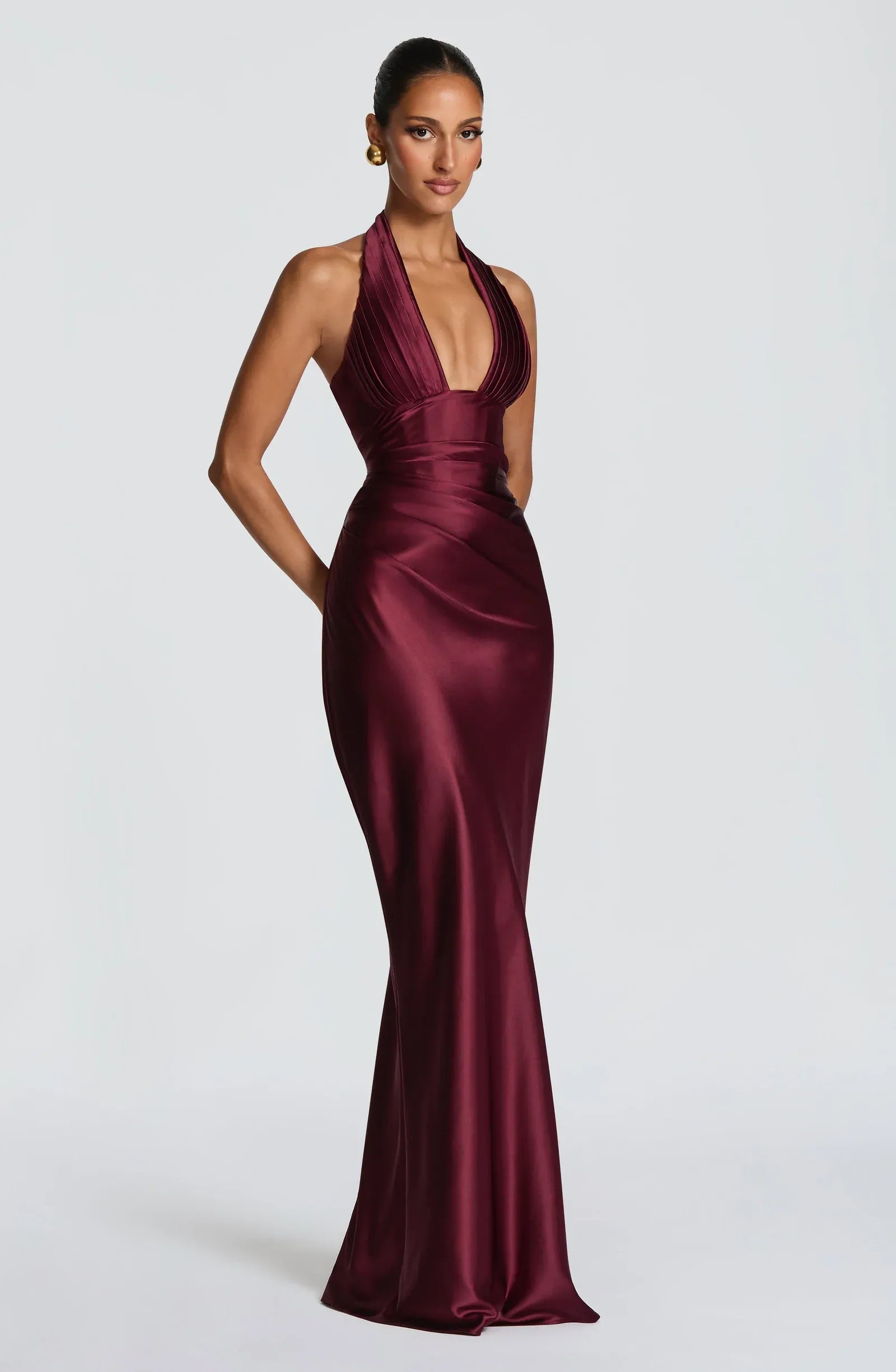 Halter Pleated Deep V Ruched Waist Burgundy Satin Mermaid Maxi Wedding Guest Dresses