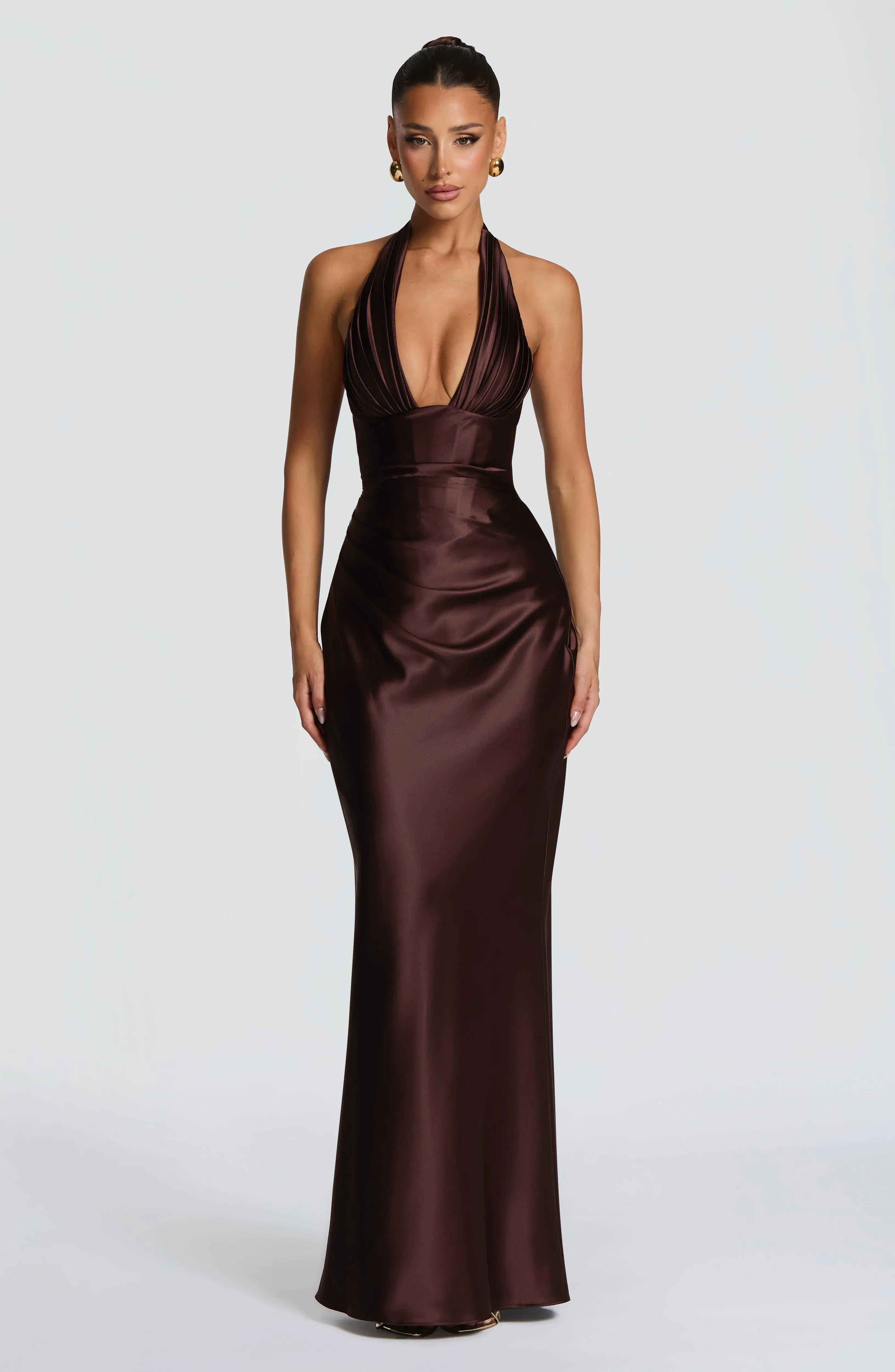 Halter Pleated Deep V Ruched Waist Chocolate Brown Satin Mermaid Maxi Wedding Guest Dresses