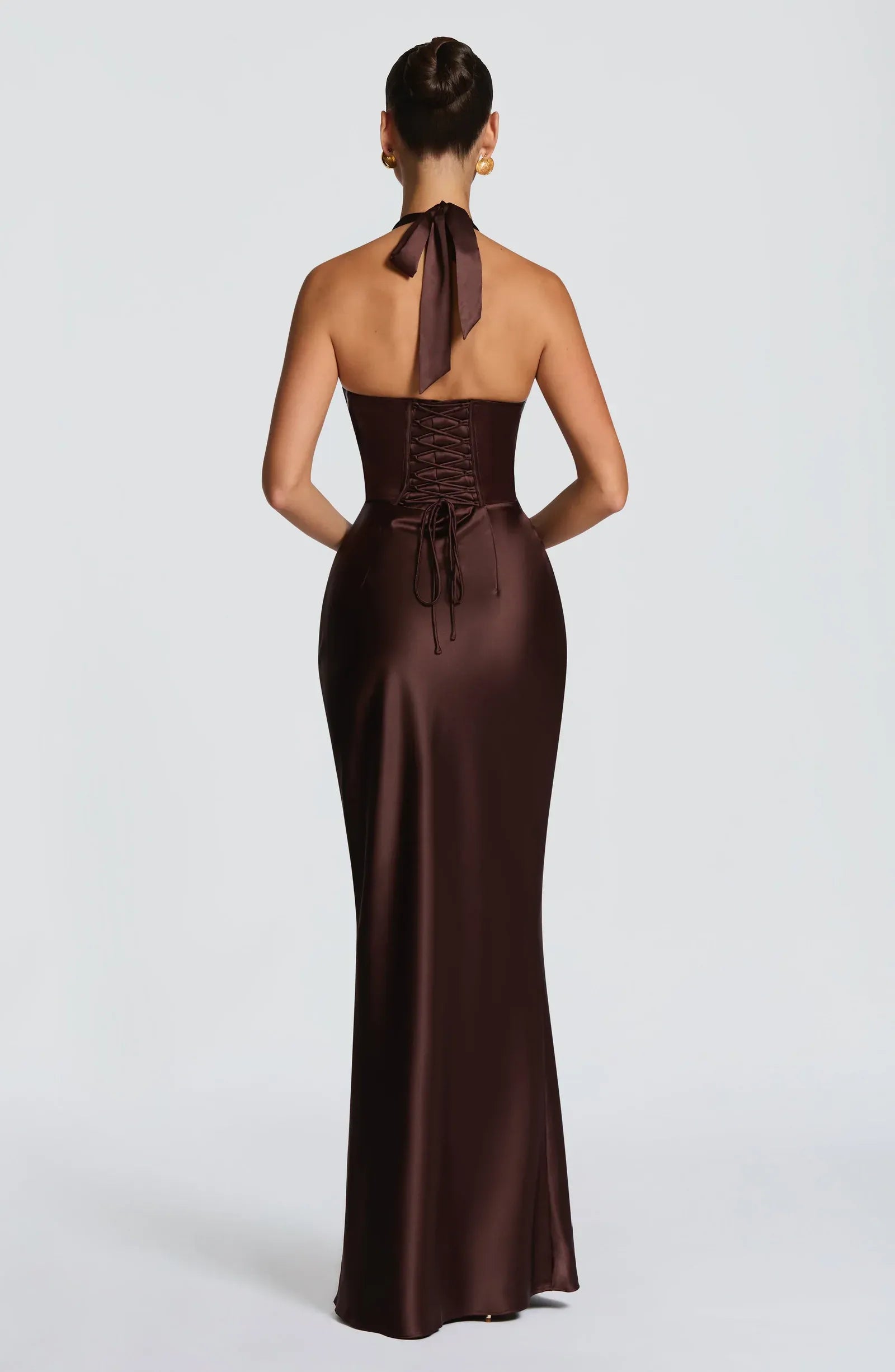 Halter Pleated Deep V Ruched Waist Chocolate Brown Satin Mermaid Maxi Wedding Guest Dresses