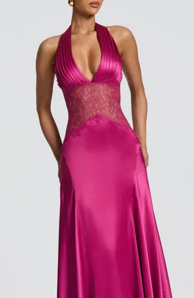 Halter Pleated Deep V Sheer Lace Corset Back Lace Up Plain Slit Hot Pink Satin Mermaid Maxi Wedding Guest Dresses