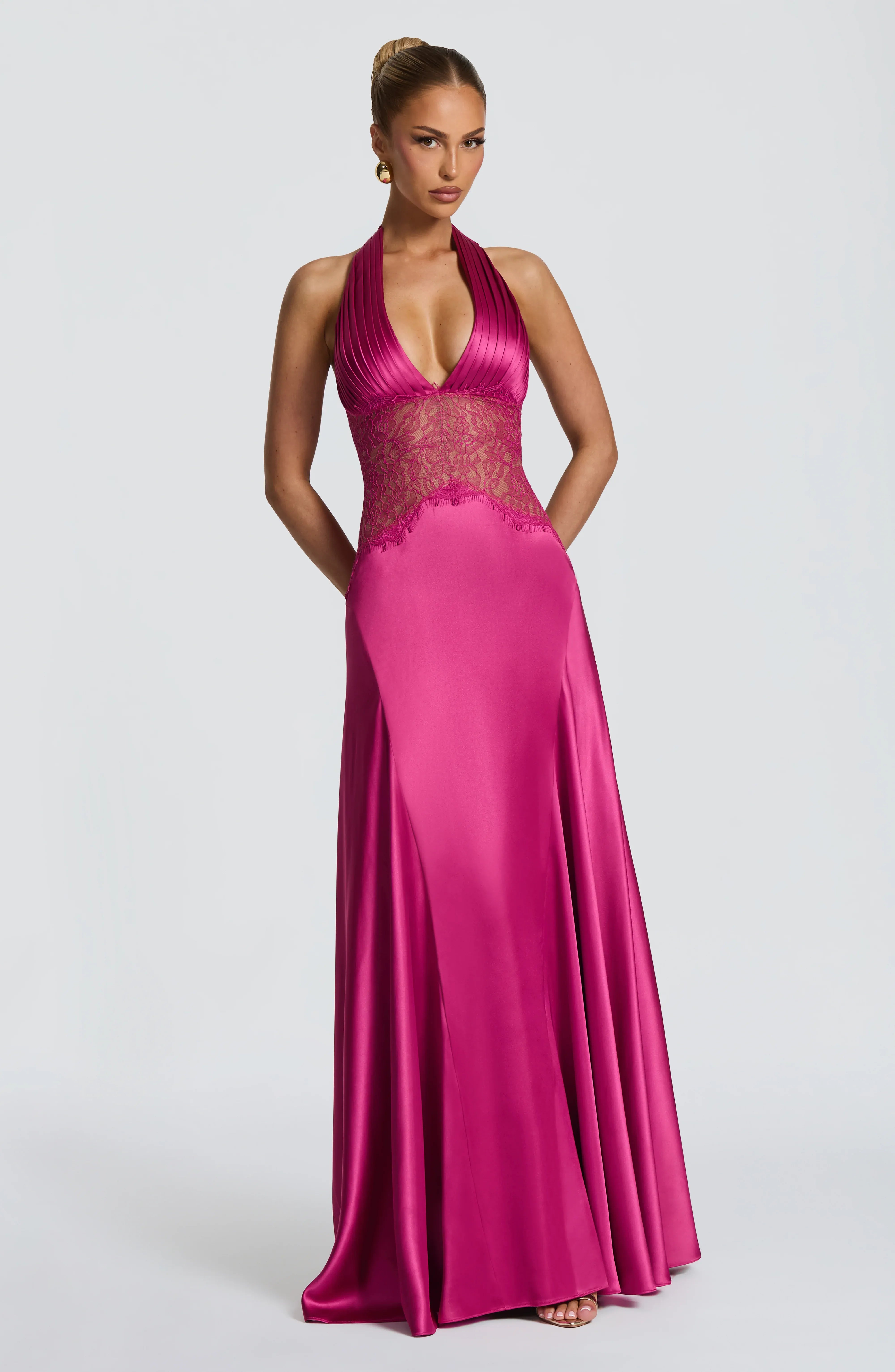 Halter Pleated Deep V Sheer Lace Corset Back Lace Up Plain Slit Hot Pink Satin Mermaid Maxi Wedding Guest Dresses