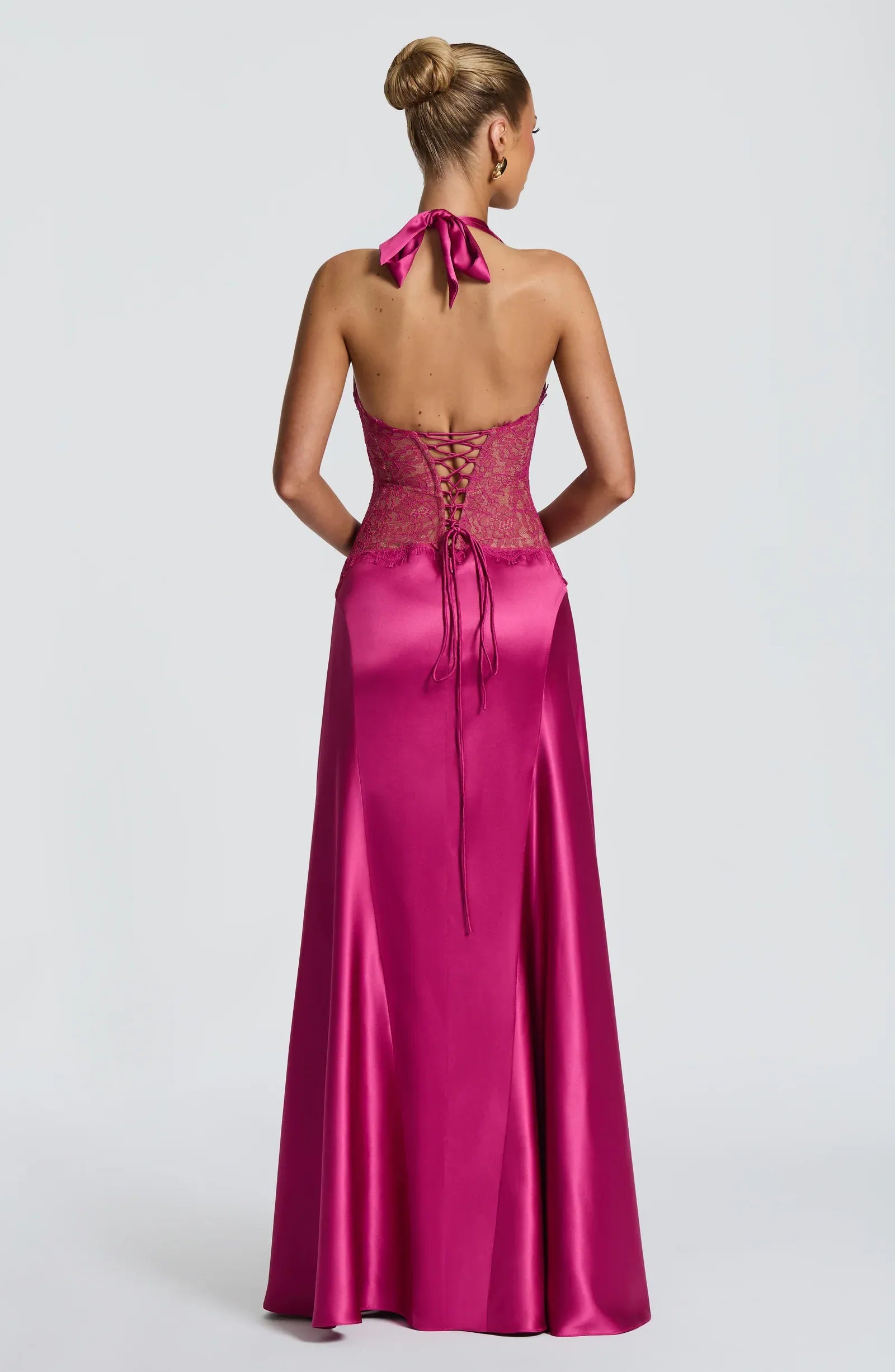 Halter Pleated Deep V Sheer Lace Corset Back Lace Up Plain Slit Hot Pink Satin Mermaid Maxi Wedding Guest Dresses