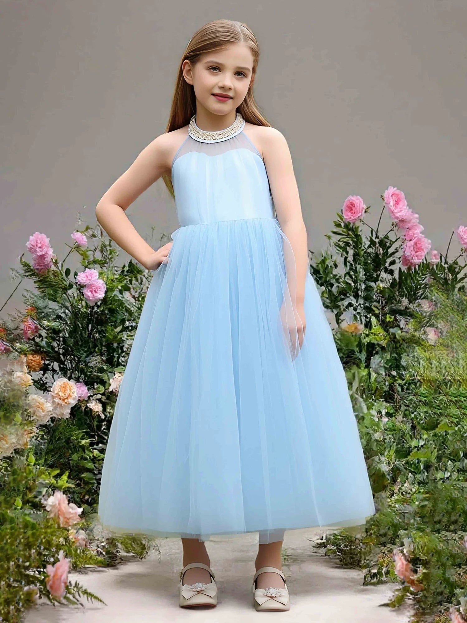 Halter Rhinestone Neck Low Back Big Bow Light Blue Tulle Midi Flower Girl Dresses