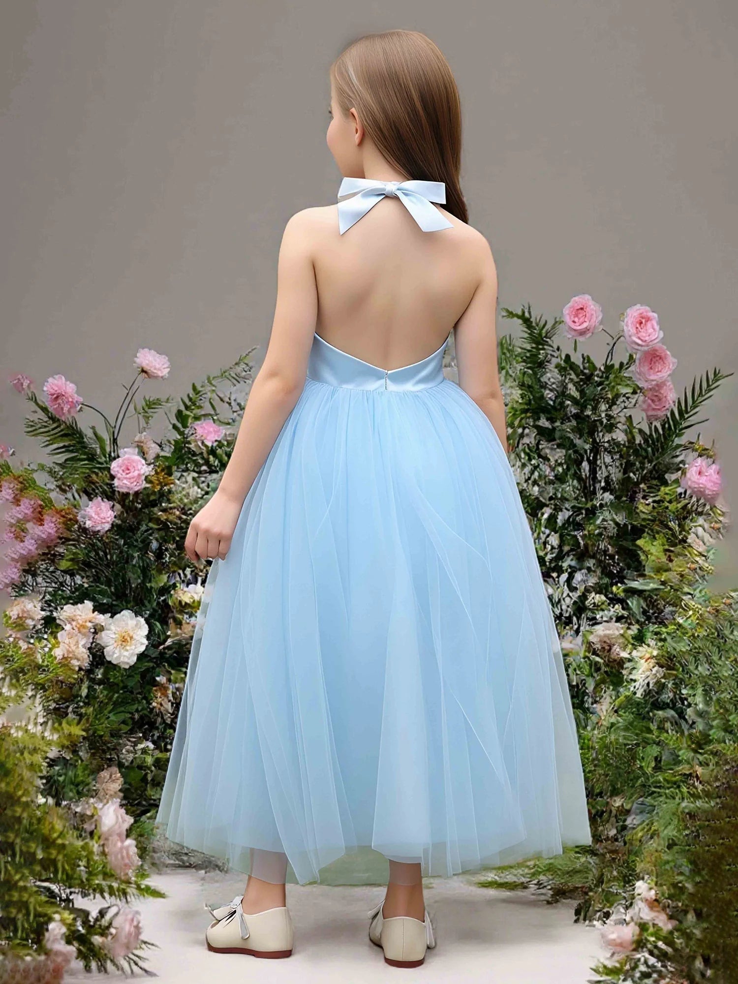 Halter Rhinestone Neck Low Back Big Bow Light Blue Tulle Midi Flower Girl Dresses