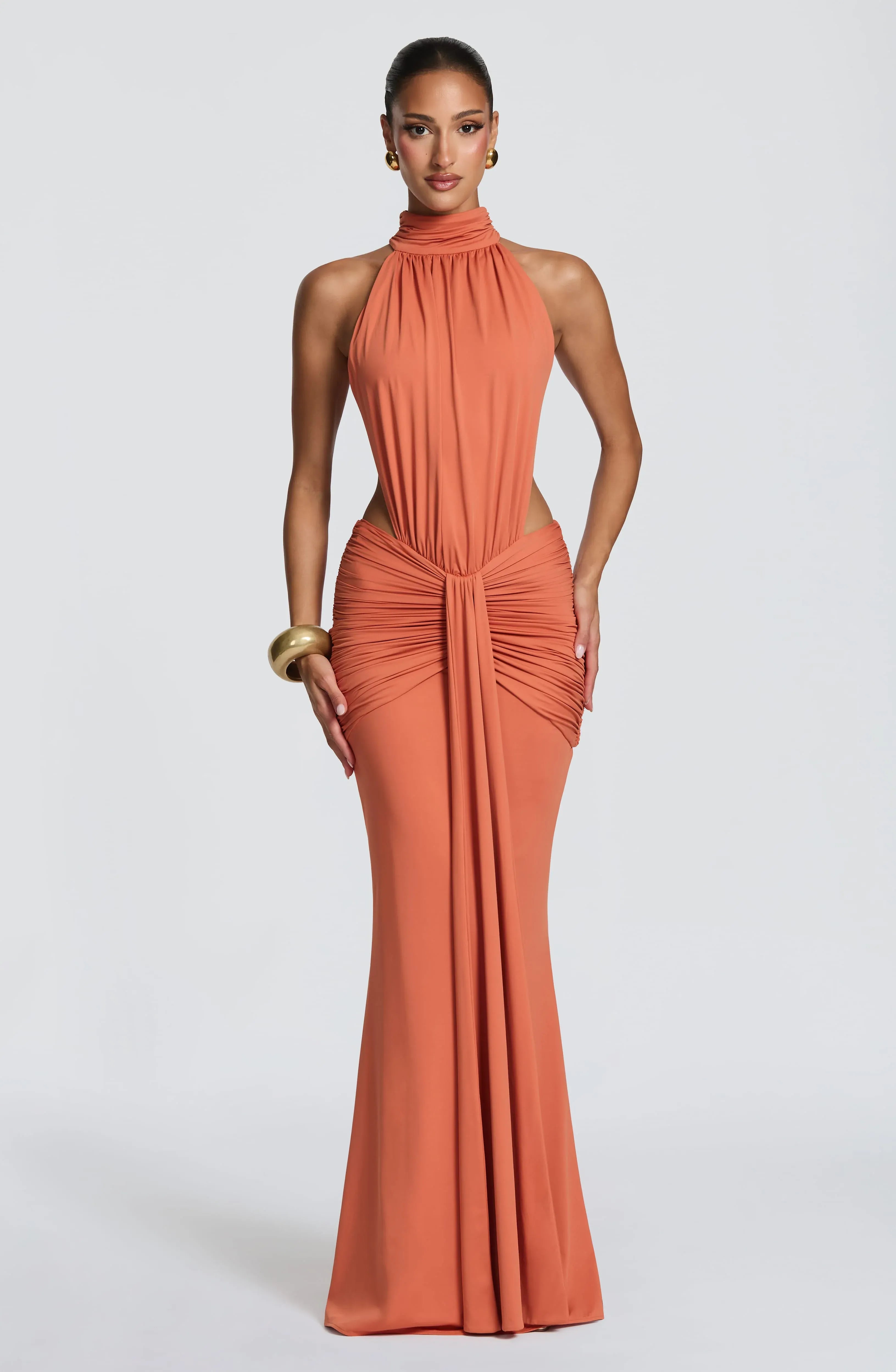 Halter Ruched Waist Cutout Open Back Plain Slit Terracotta Jersey Mermaid Maxi Wedding Guest Dresses