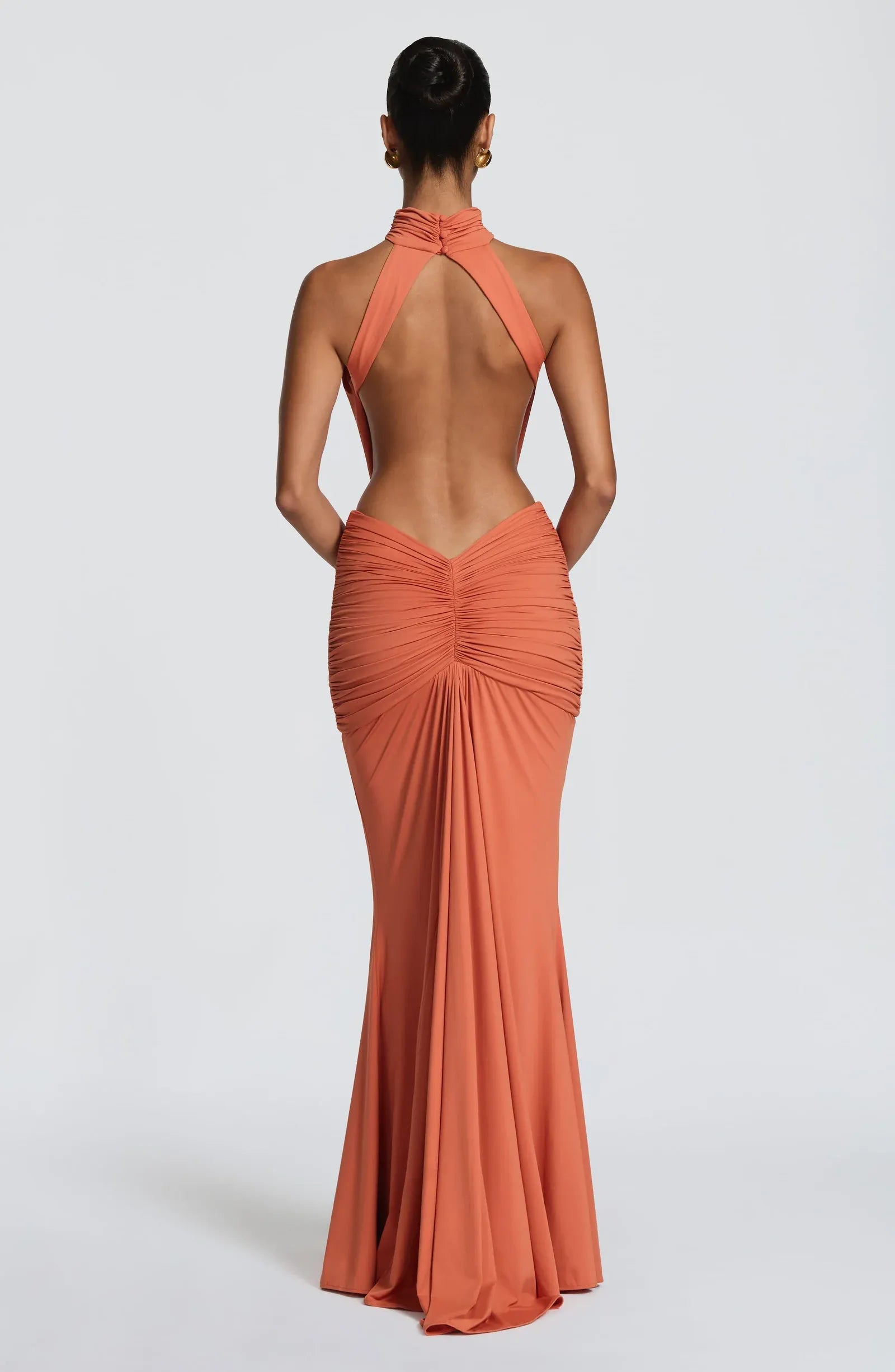 Halter Ruched Waist Cutout Open Back Plain Slit Terracotta Jersey Mermaid Maxi Wedding Guest Dresses