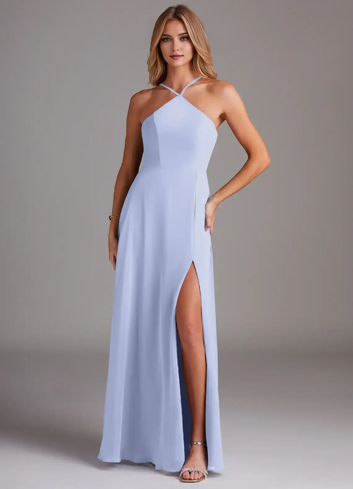 Halter Spaghetti Strap High Slit A Line Chiffon Long Bridesmaid Dress