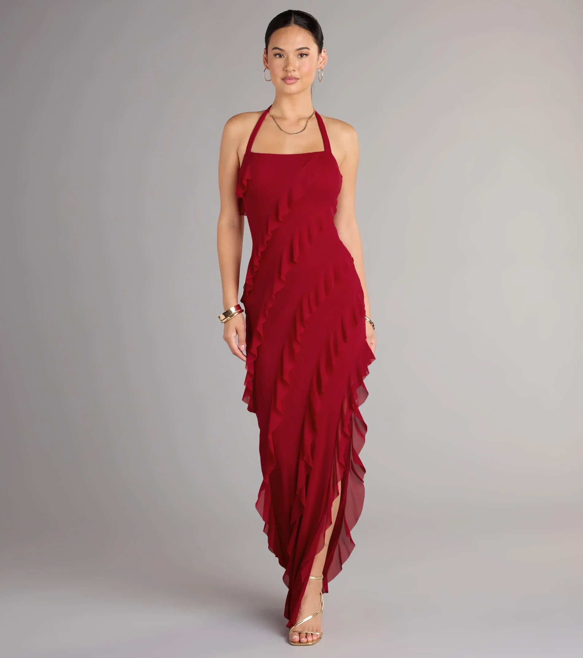 Halter Square Neck Ruffle Tier Tie Back High Slit Red Chiffon Mermaid Maxi Wedding Guest Dresses