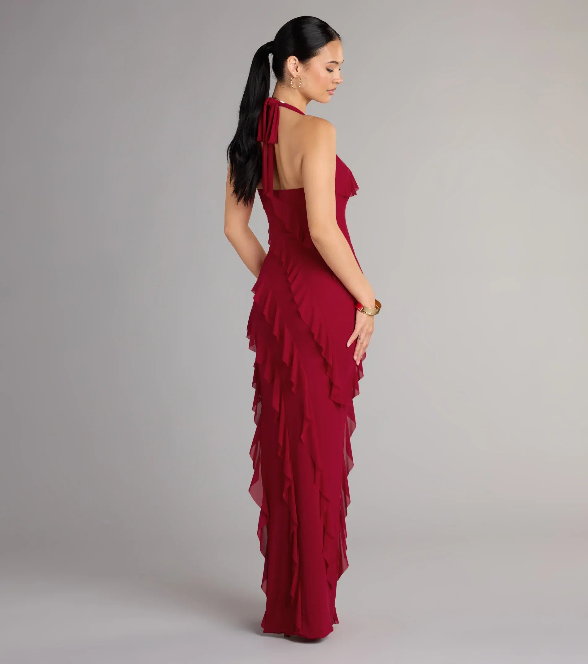 Halter Square Neck Ruffle Tier Tie Back High Slit Red Chiffon Mermaid Maxi Wedding Guest Dresses