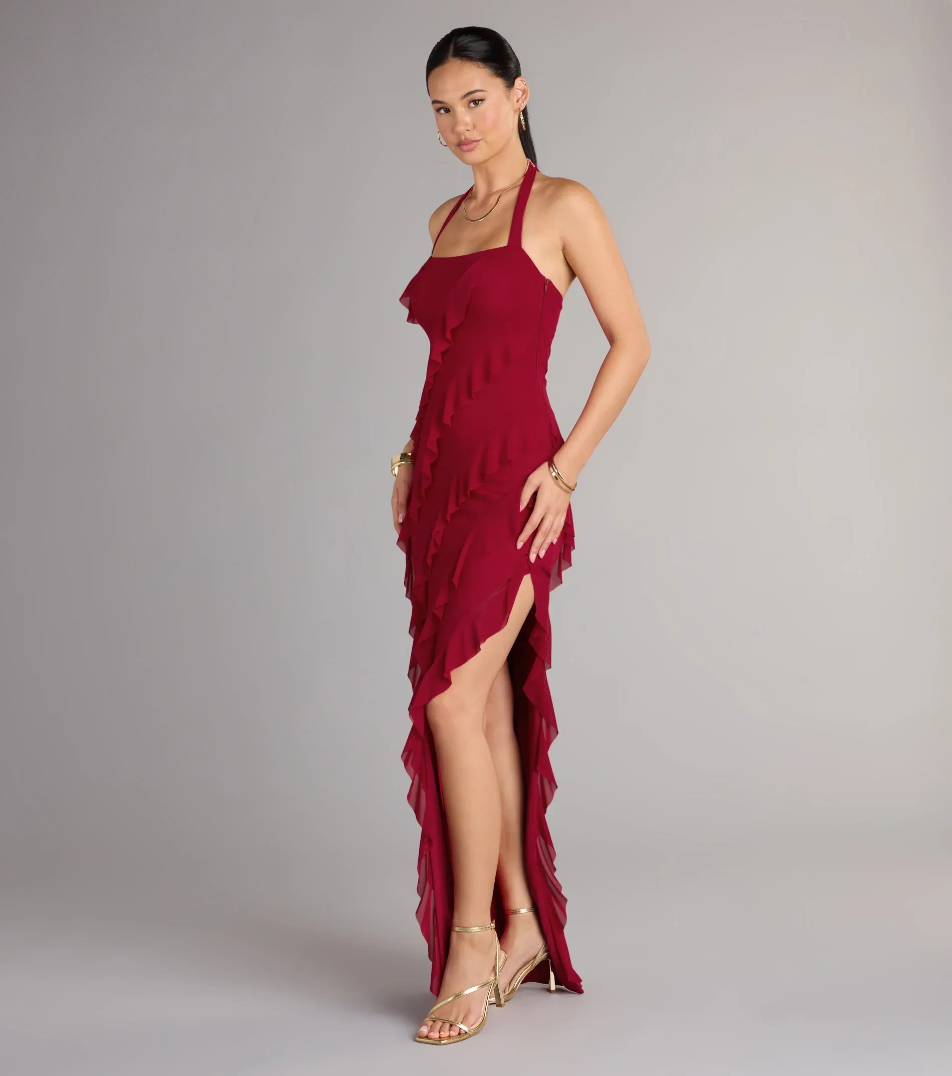 Halter Square Neck Ruffle Tier Tie Back High Slit Red Chiffon Mermaid Maxi Wedding Guest Dresses