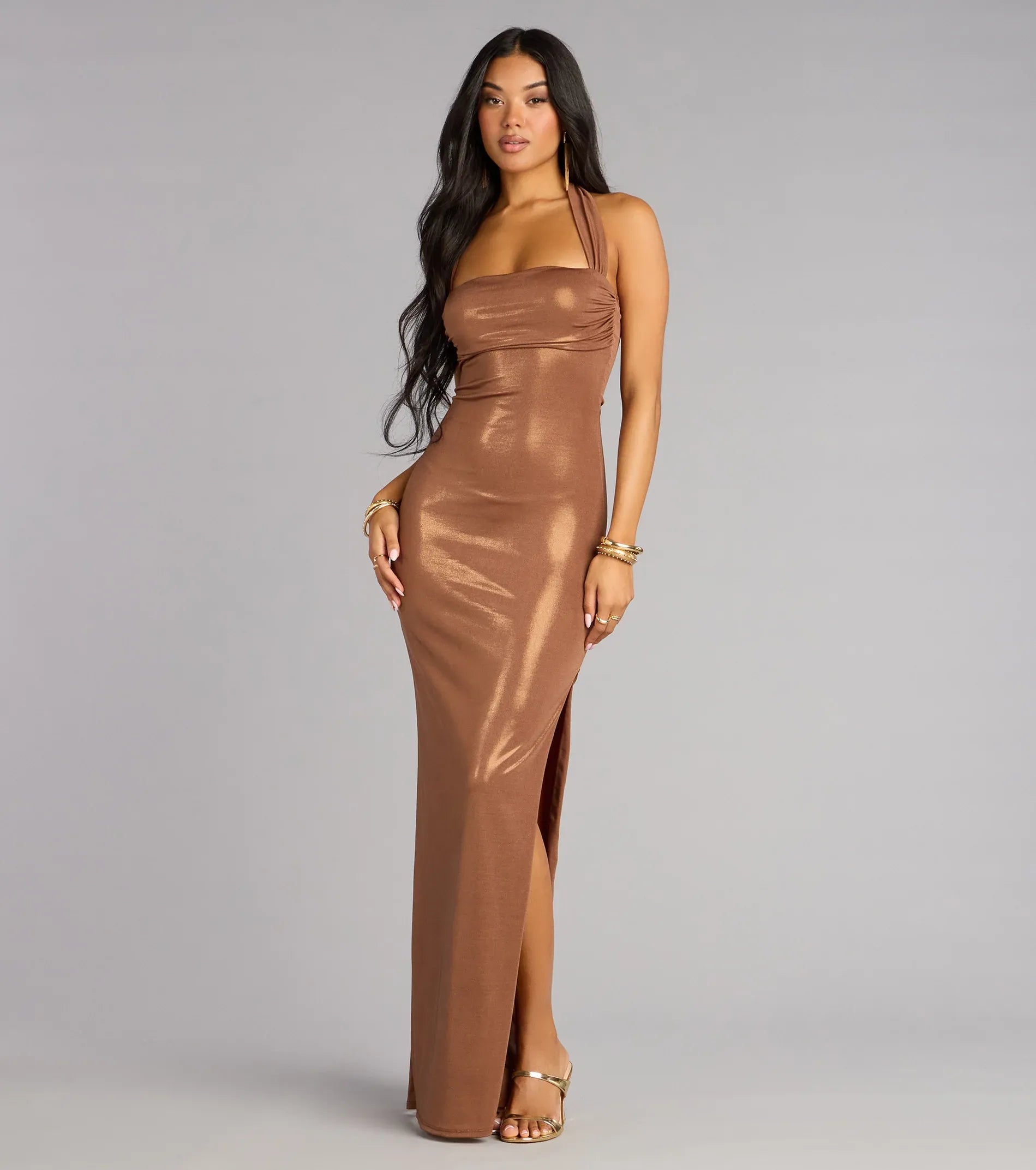 Halter Square Neck Side Ruched Metallic Coated High Slit Mermaid Maxi Wedding Guest Dress