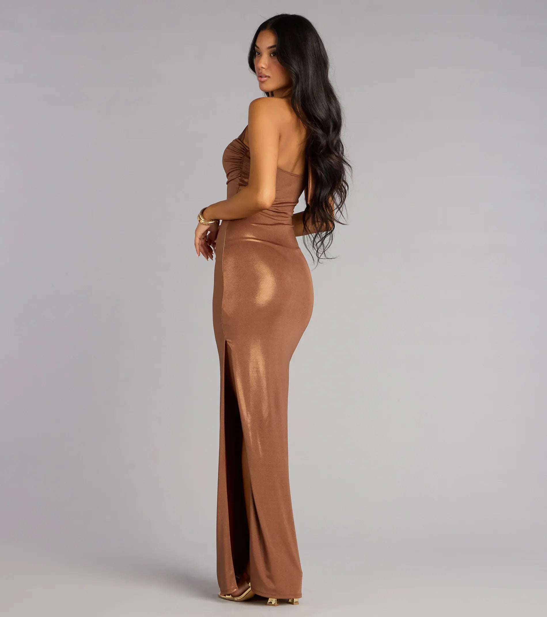 Halter Square Neck Side Ruched Metallic Coated High Slit Mermaid Maxi Wedding Guest Dress