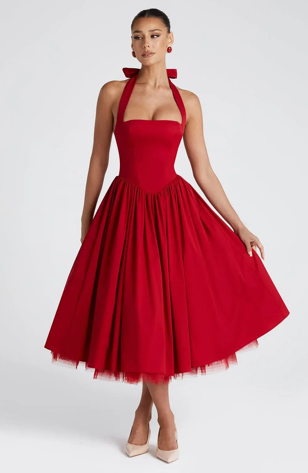 Halter Square Neck Voluminous Tulle Lined Midi Red Wedding Guest Dresses