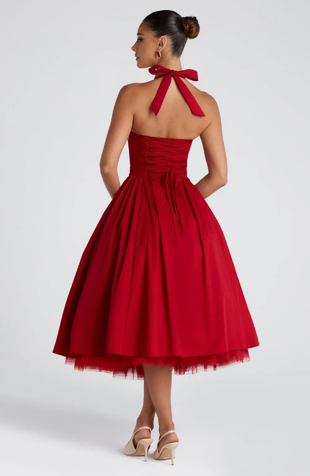 Halter Square Neck Voluminous Tulle Lined Midi Red Wedding Guest Dresses