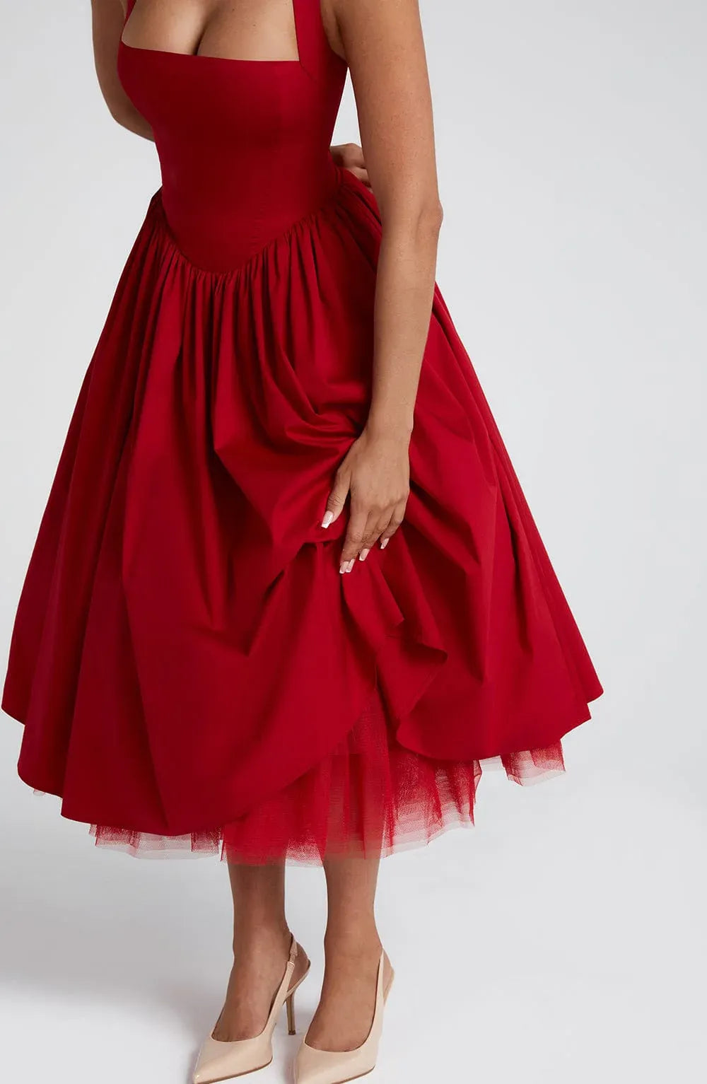 Halter Square Neck Voluminous Tulle Lined Midi Red Wedding Guest Dresses