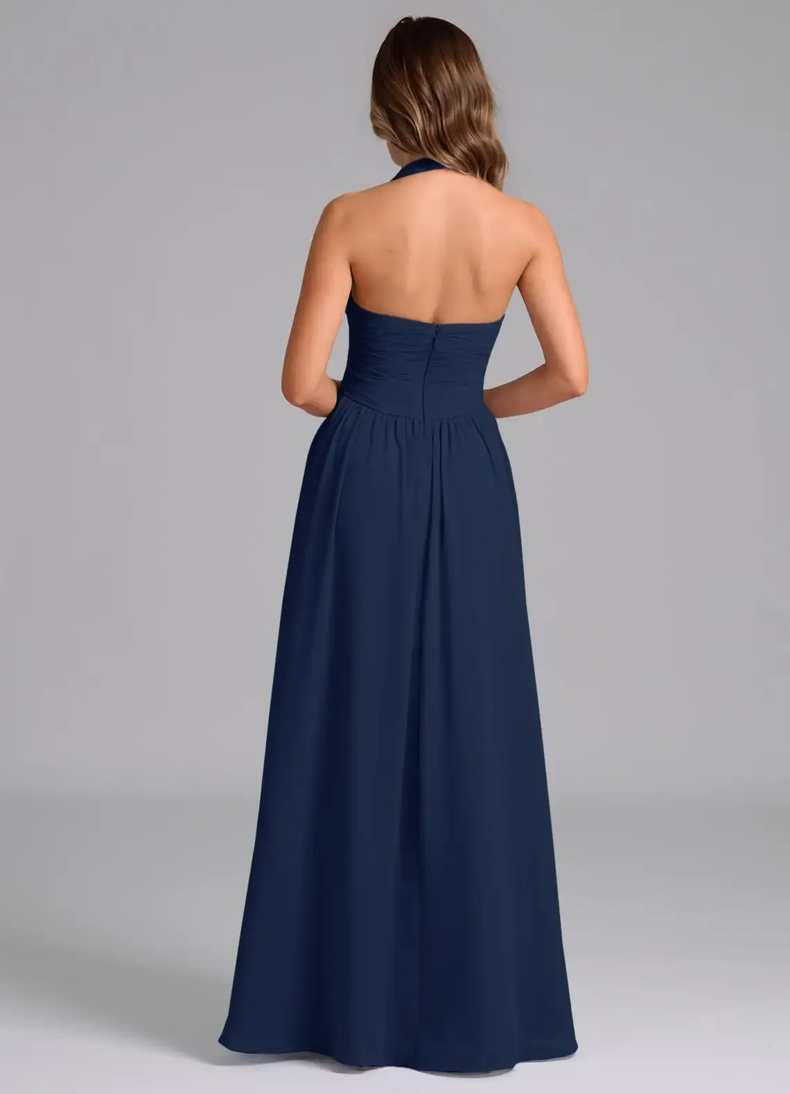 Halter Sweetheart Ruched Bodice Empire Waist A Line Chiffon Long Bridesmaid Dress