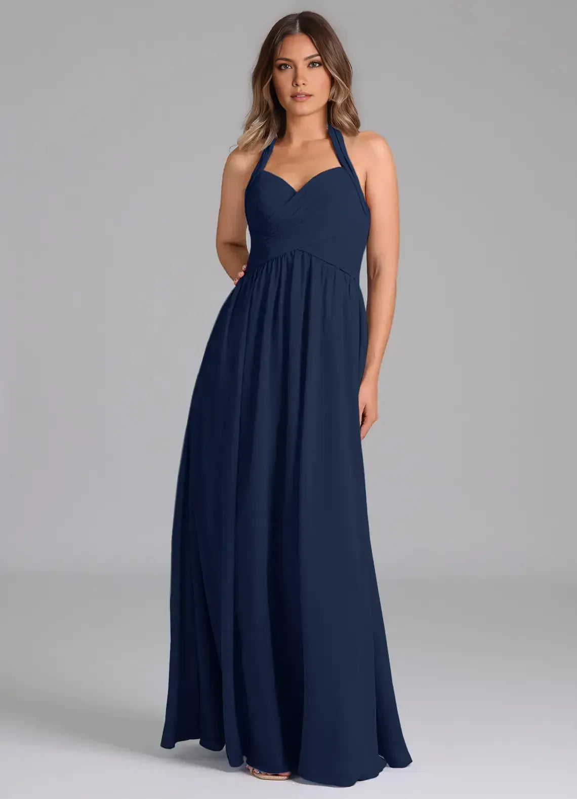 Halter Sweetheart Ruched Bodice Empire Waist A Line Chiffon Long Bridesmaid Dress