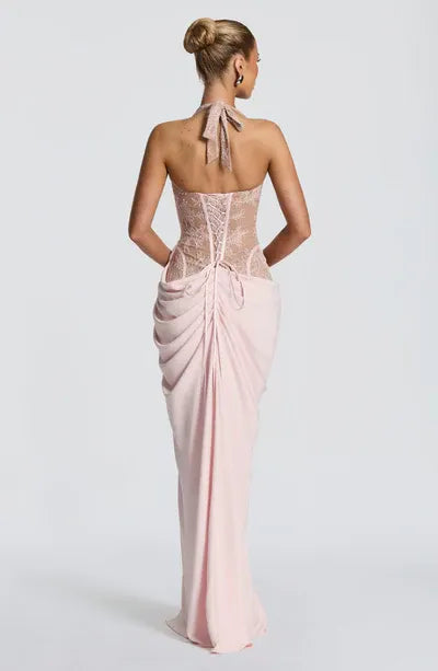 Halter Sweetheart Sheer Lace Corset Back Lace Up High Slit Blush Jersey Mermaid Maxi Wedding Guest Dresses