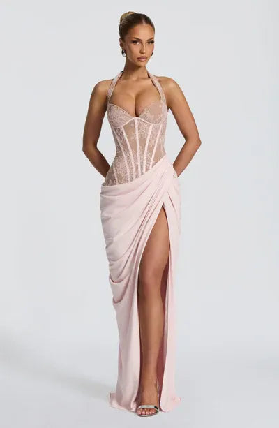 Halter Sweetheart Sheer Lace Corset Back Lace Up High Slit Blush Jersey Mermaid Maxi Wedding Guest Dresses